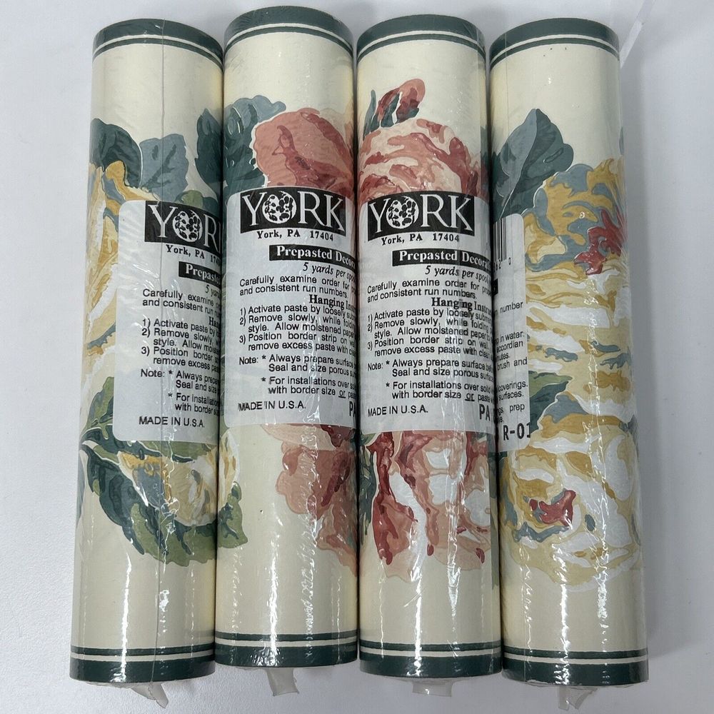 York Prepasted Wallpaper Border Floral Cottage Pink Rose Grandma Core Lot Of 4